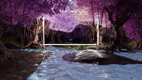 Abstract 3D forest with rectangle neon, Sci Fi Futuristic trees, glowing frame, Stock Illustration