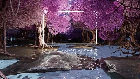 Abstract 3D forest with rectangle neon, Sci Fi Futuristic trees, glowing frame, Stock Illustration