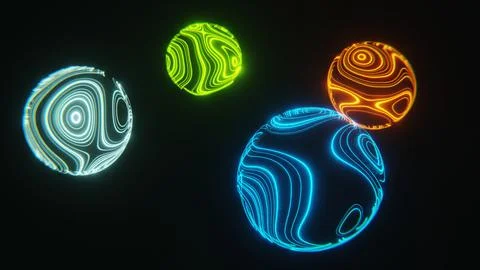 Abstract 3D four elements background. Earth, air, fire, water neon spheres Stock Illustration
