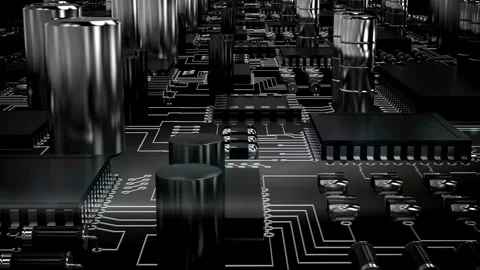 Abstract 3D Futuristic Circuit Board with Glowing Lines and Metallic Surface Stockbeeldmateriaal 332813018