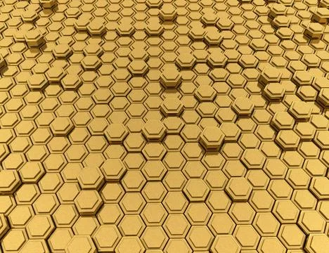 Abstract 3D geometric background, gold hexagons metallic shapes stacks, render Illustrazione stock