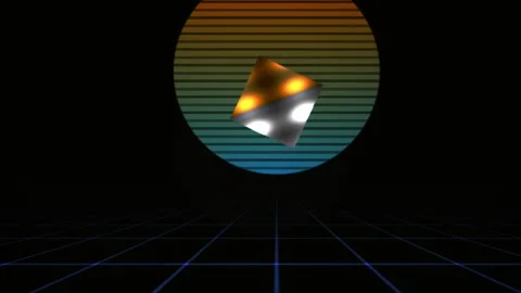 Abstract 3D Geometric Shape Rotating Against Retro Sunset Grid. Stock Footage 333931208