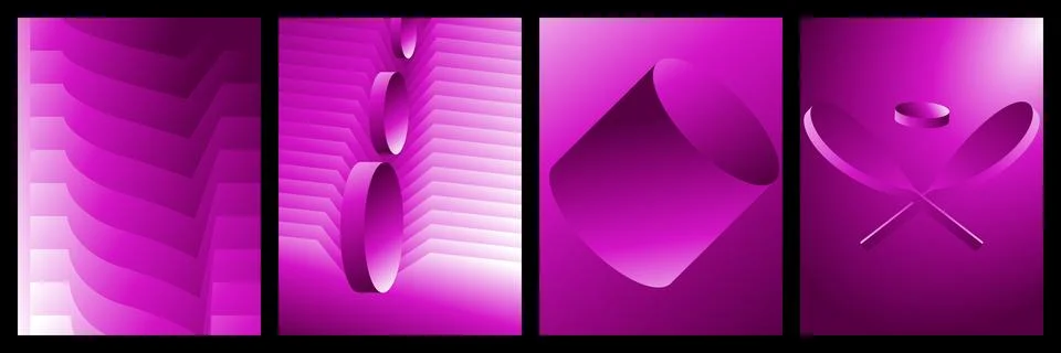 Abstract 3d geometric shapes set with purple gradient background Illustrazione stock