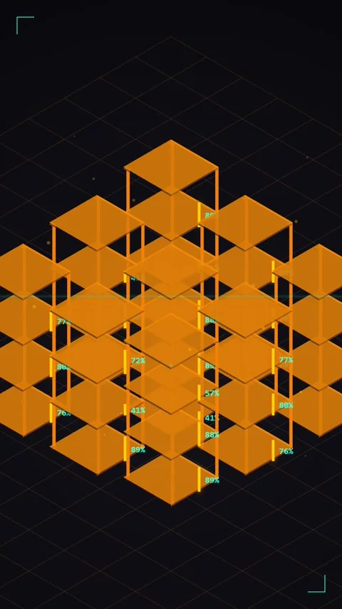 Abstract 3D Geometric Structure with Orange Floating Panels and Data Overlay Stock Footage 346203131