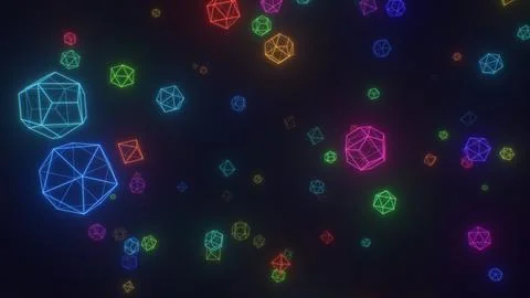Abstract 3D Geometric Wireframe Glowing Neon Shapes Flying At Camera イラスト素材