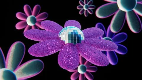 Abstract 3D glitter sparkle disco ball hippie flowers rotating groovy retro Stock Illustration