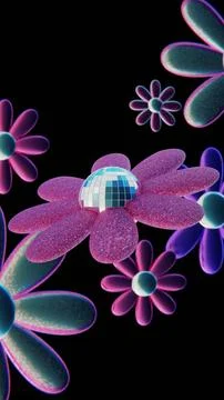 Abstract 3D glitter sparkle disco ball hippie flowers rotating around groovy Stock Illustration