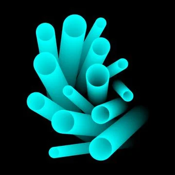 Abstract 3D glowing cyan tubes on black background for modern digital design 库存插图