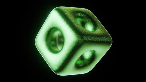 Abstract 3D green dice cube with holes object shape on black background Stock Illustration