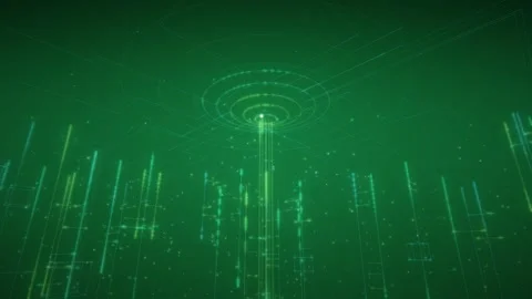 Abstract 3d green digital data stream with glowing particles and circuit Stock Footage 347331448