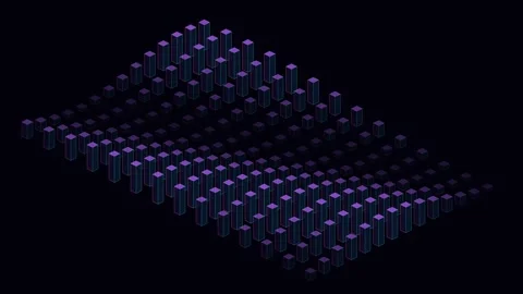 An abstract 3d grid of glowing purple pillars against a deep black background 스톡 동영상 338310627