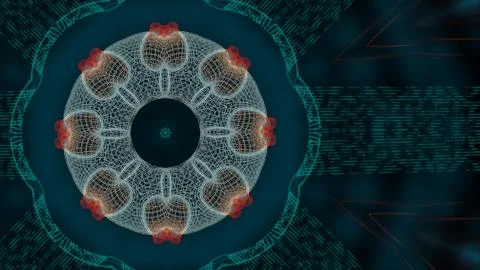 Abstract 3D grid or mesh round pattern of geometric network over dark blurred Stock Illustration