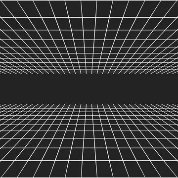 Abstract 3D grid tunnel with perspective lines on black background Stock Illustration