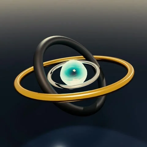 Abstract 3D Gyroscope Animation with Gold Silver and Black Rings Stock Footage 328071702