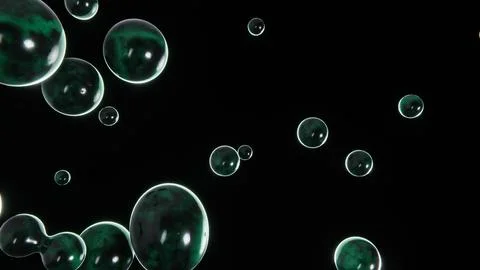 Abstract 3D horizontal flying flowing black green marble bubbles liquid reflect Stock Illustration
