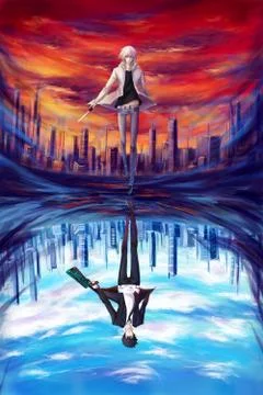 Abstract 3d illustrated animation of two apocalyptic and civilized worlds vie Stock Illustration