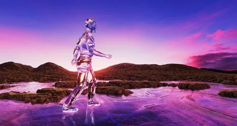Abstract 3D Illustration of Liquid Translucent Man Walking On Water In Desert Stock Illustration