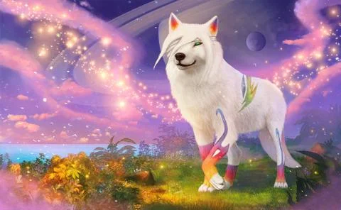 Abstract 3d illustration of a white wolf in a surreal galactic world Stock Illustration