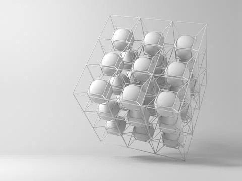 Abstract 3d installation. Cluster of white spheres in cube frame Stock Illustration
