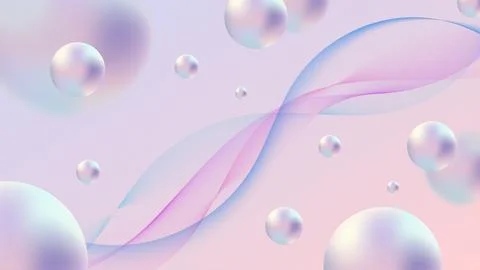 Abstract 3D iridescent spheres background with flowing pastel wave lines in.. Stock Illustration