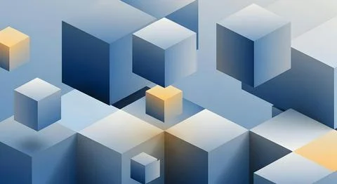 Abstract 3D isometric background with floating blue and orange cubes in a d.. Stock Illustration
