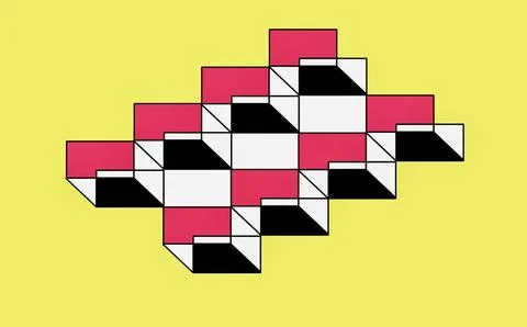 Abstract 3D isometric block pattern in magenta and black on yellow Illustrazione stock
