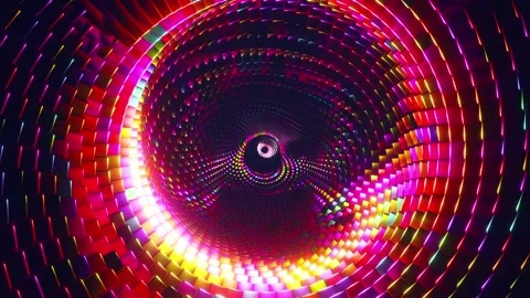 Abstract 3D loop animation flying through a twisting tunnel of glowing colorful Stock Footage 337185014