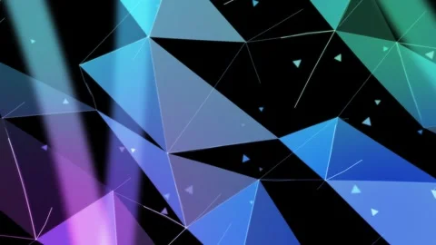 Abstract 3D Low Poly Triangle Mesh with Cyan Purple Light Rays Stock Footage 347777129