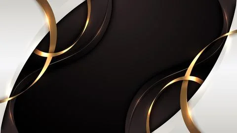 Abstract 3D luxury white and black color wave shapes with shiny golden curved Stock Illustration