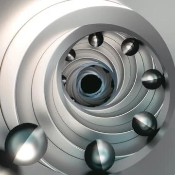 Abstract 3D metallic spheres rolling in spiral tunnel Stockillustratie