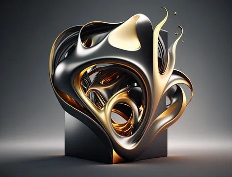 Abstract 3D model made of gold and metal for interior decoration. Perspective Illustrazione stock