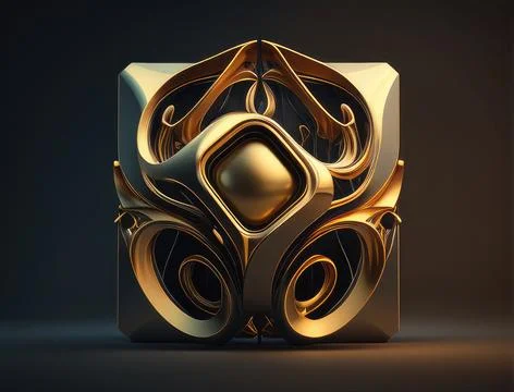 Abstract 3D model made of gold and metal for interior decoration. Perspecti.. Stock Illustration