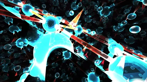 Abstract 3d Motion Graphics Fly through of Glowing Blue Spheres and Red Spike Stock Footage 343684449