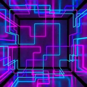 Abstract 3d neon cube box background. Dark room with concrete wall, led lin.. 스톡 일러스트