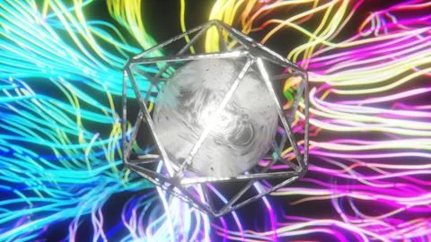 Abstract 3D neon glowing background. Metal sphere with distorted texture Ilustración de archivo