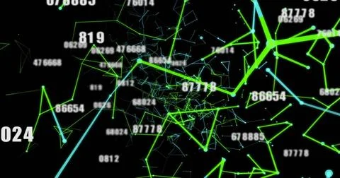 Abstract 3D network swirling in virtual data space, with neon green and cyan Stock Photos