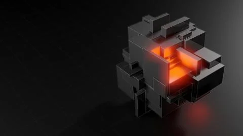 Abstract 3d object consisting of cubes. Red glow inside the object Stock Illustration