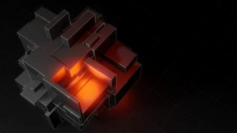 Abstract 3d object consisting of cubes. Red glow inside the object Illustrazione stock