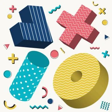 Abstract 3D objects design memphis style pattern with colorful geometric elem 스톡 일러스트
