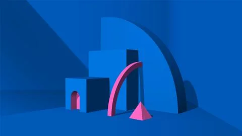 Abstract 3D objects or elements installation in the classic blue room for a Stock Illustration