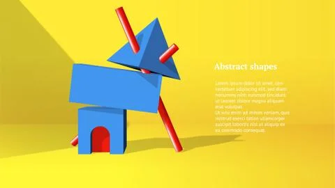 Abstract 3D objects or elements installation balancing in the yellow room for a Illustrazione stock