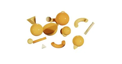 Abstract 3d objects on white background, composition of flying forms, mixed Stock Photos