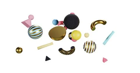 Abstract 3d objects on white background, composition of flying forms, mixed Stock Photos