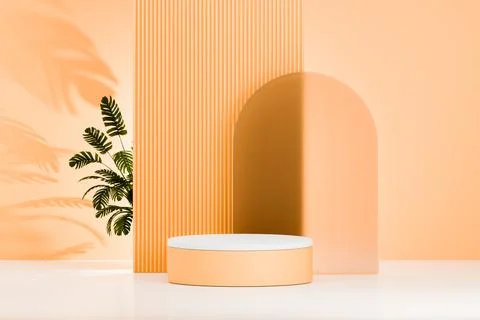 Abstract 3D orange podium stage with palm leaves for tropical product display Stock Illustration