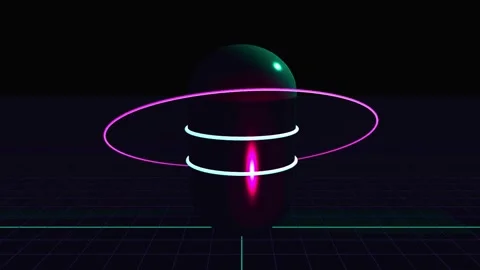 Abstract 3D Orb with Orbiting Rings and Particle Trails in Dark Sci-Fi Ambian Stock Footage 345679420