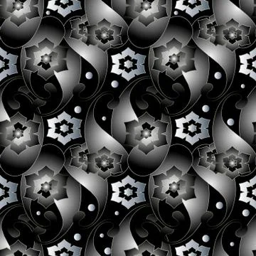 Abstract 3d paisley seamless pattern. Dark black vector floral background. Mo Illustrazione stock
