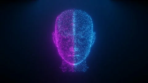 Abstract 3D Particle Human Head Split into Glowing Purple and Blue Halves 스톡 동영상 343873769