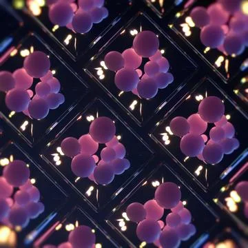 An abstract 3D pattern of multiple cells containing glowing pink balls Stock Illustration