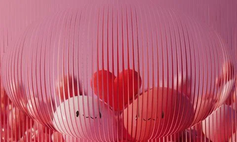 Abstract 3D Pink Sphere Distortion with Cute Characters and Red Heart Behin.. Stock Illustration