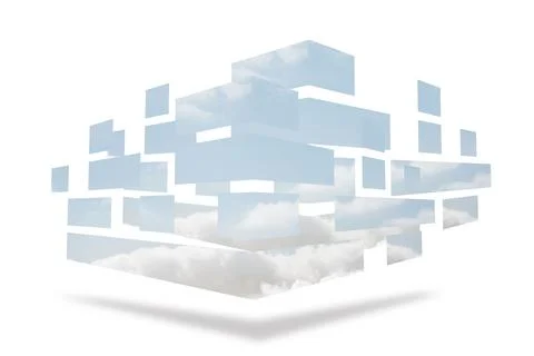 Abstract 3D prism blocks are floating in minimal white void showing sky and 스톡 일러스트